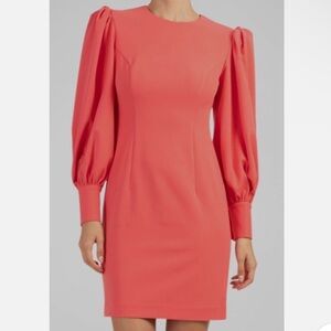 Trina Turk Coral Incomparable Dress Sheath Ballon Bishop Button Sleeves Sz 2